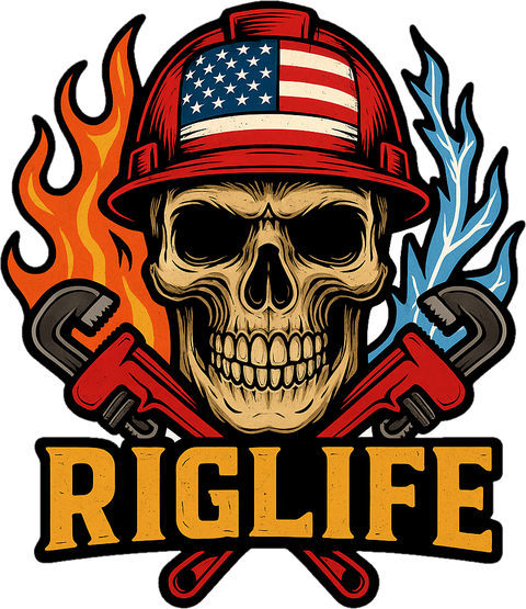 Riglife skull: a skull in a stars-and-stripes hard hat over crossed pipe wrenches